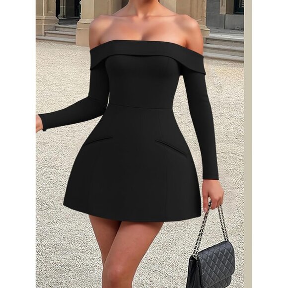 Women's Off Shoulder Long Sleeve Mini Dress Polyester Bodycon Party Dress - Picture 7 of 7